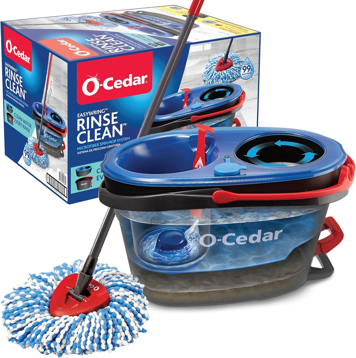 O-Cedar RinseClean Spin Mop & Bucket System + 2 Extra Mop Heads| Clean with Clean Water | Removes 99% of Bacteria