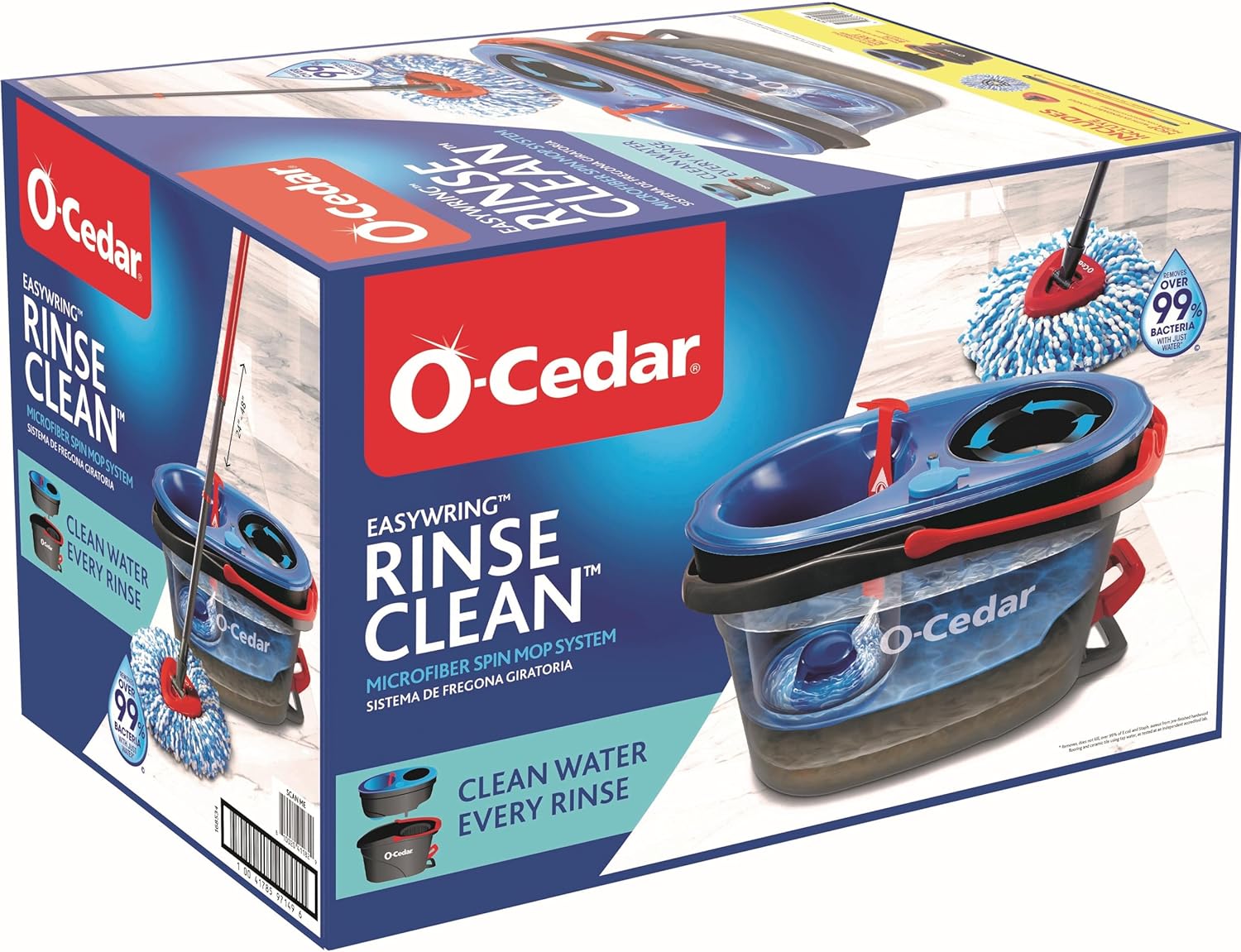O-Cedar RinseClean Spin Mop & Bucket System + 2 Extra Mop Heads| Clean with Clean Water | Removes 99% of Bacteria