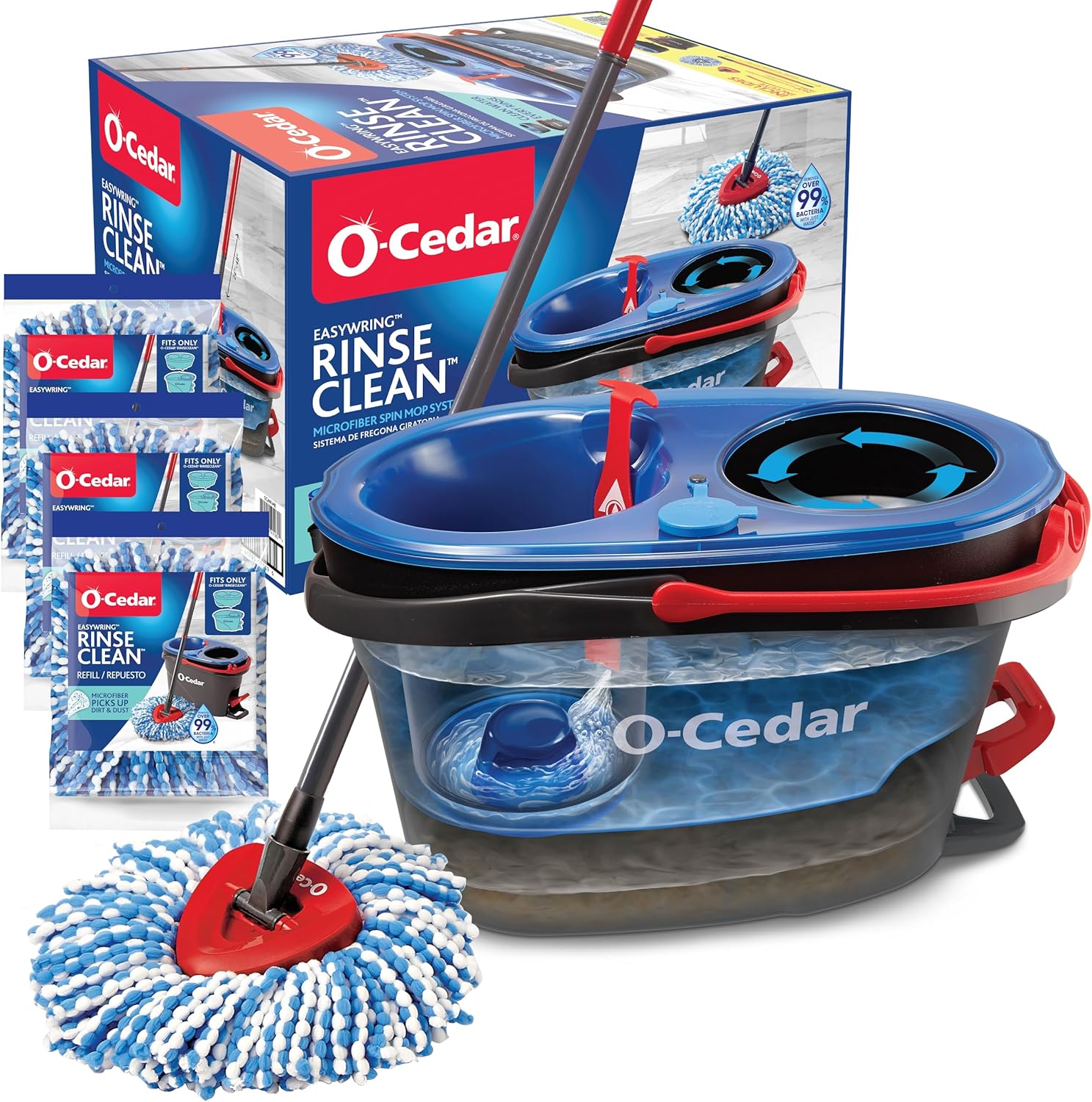 O-Cedar RinseClean Spin Mop & Bucket System + 2 Extra Mop Heads| Clean with Clean Water | Removes 99% of Bacteria
